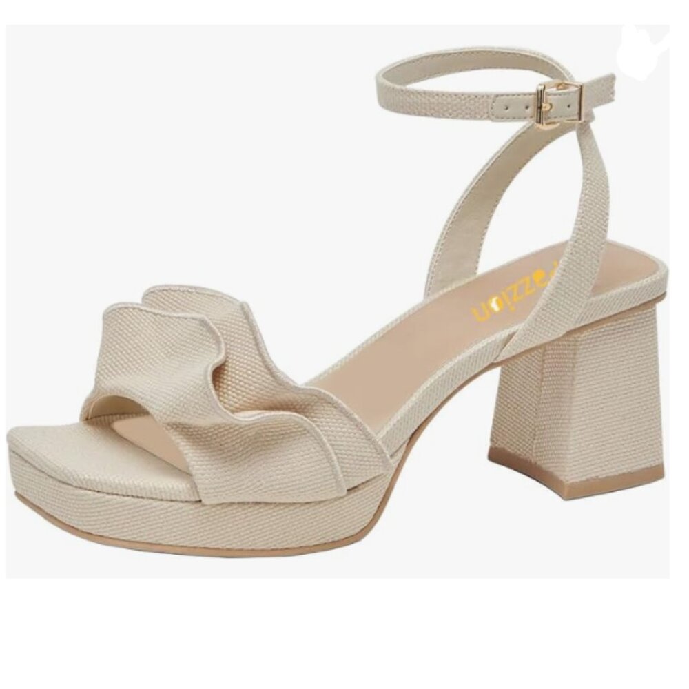 Pazzion Beige Platform Square Toe Pleated Ruffle Chunky High Heels Strap Sandals
